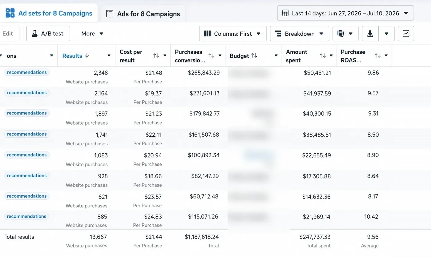 Meta Ads Manager: $1,187,618 purchase value, 9.56 ROAS